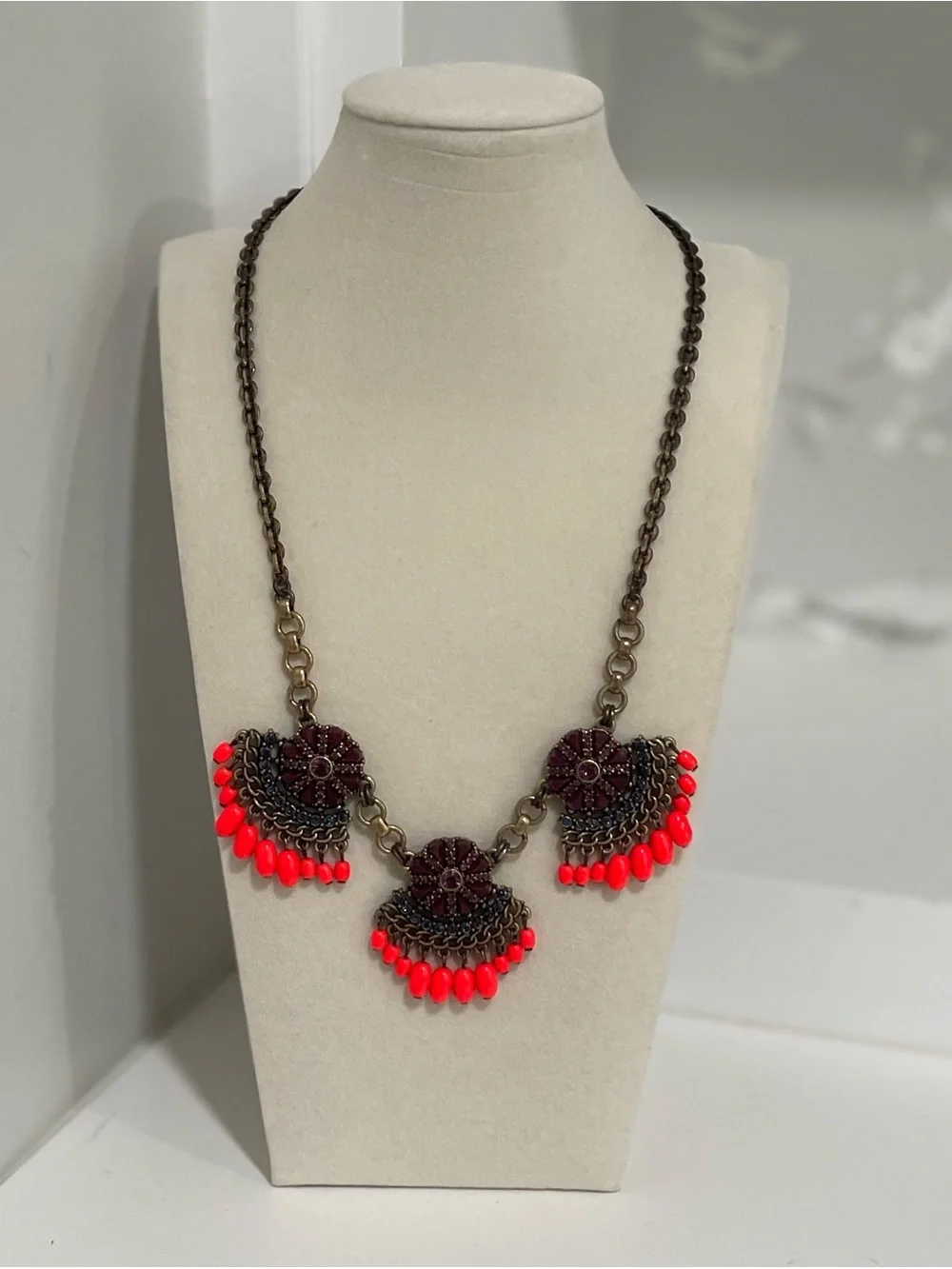 J Crew Statement Purple Blue Neon Coral Floral Necklace Boho Glam Festival